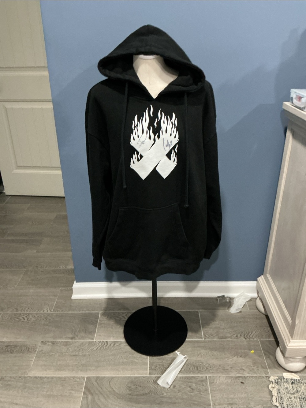 Men's Black Zip-Up Hoodie with White Flame Cross Graphic